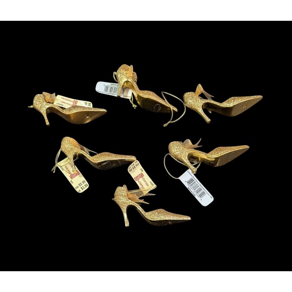Christmas Gold tone Glitter Pump shoe Ornaments - Pack Of 6 High Heel‎ Décor